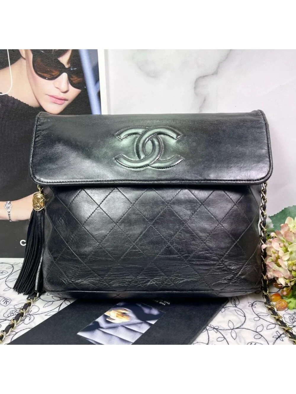 Chanel Vintage Quilted CC Logo Fringe Black